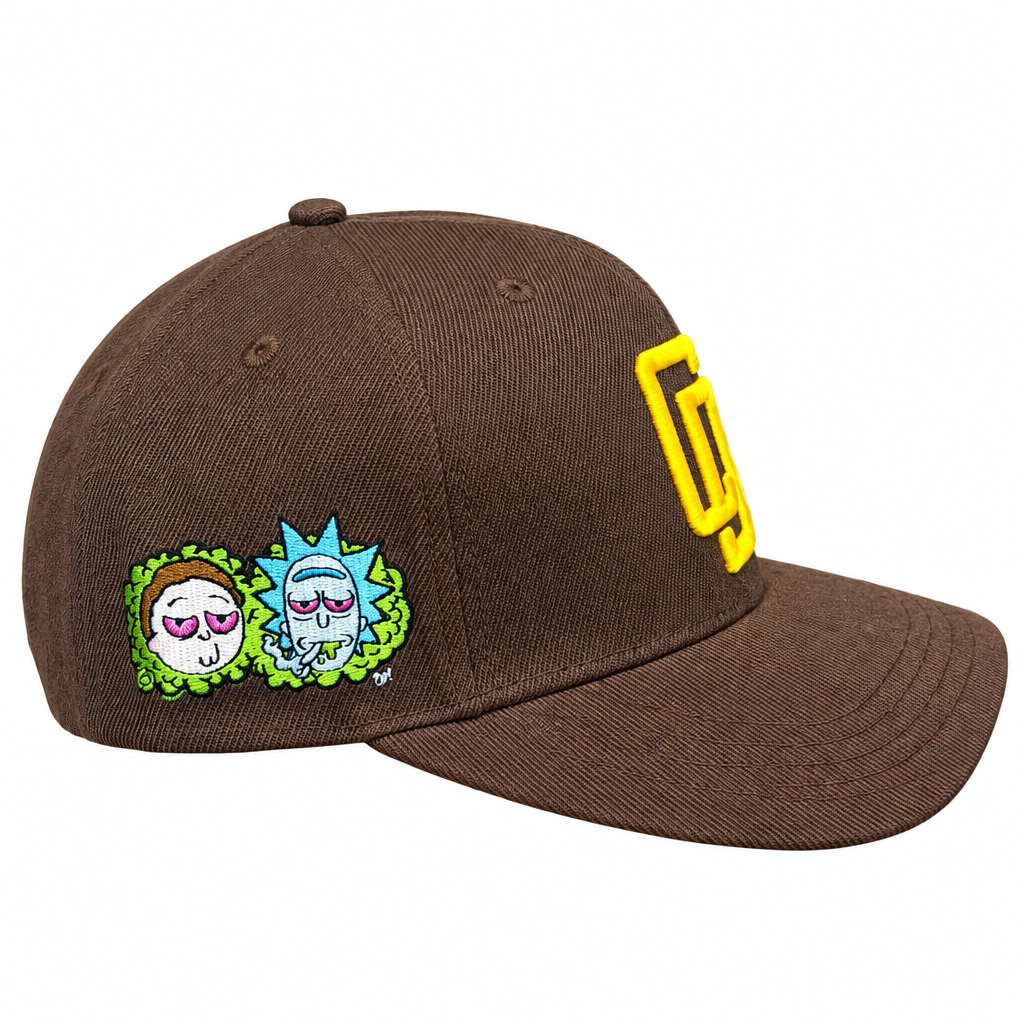 Side view of brown cap showing cartoon embroidery